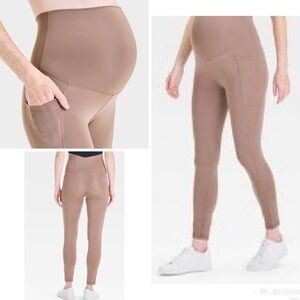 Over Belly High Rise Performance Pocket Active Maternity Leggings taupe. NWT